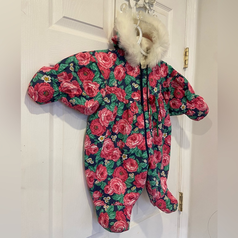 Vintage Floral Claire Bell Baby Snowsuit Bubble Romper Size 6-9 Months 80s 90s